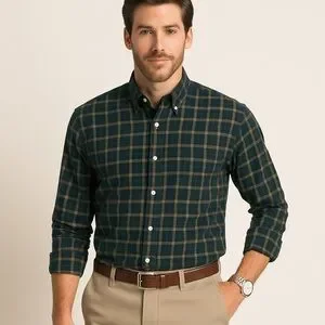 IZOD Sueded Poplin Plaid Button Down Shirt XL Green Beige NWT