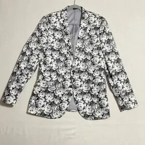 J.Ferrar Floral Blazer Jacket Men's Gray White Roses Pattern Slim