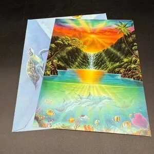 Jeff Wilkie Paradise Falls Tropical Ocean Greeting Card by Leanin' Tree Unused