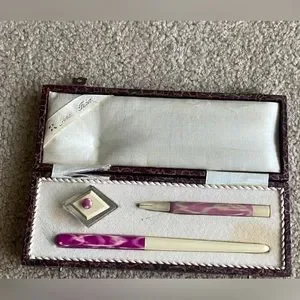 Johann Faber Art Deco Marble celluloid Dip pen pencil ink well desk set