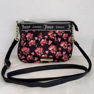 Juicy Couture Black And Pink Floral Small Women's Crossbody Shoulder Bag Purse