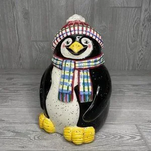 Julie Ueland Penguin Christmas Winter Cookie Jar With Scarf