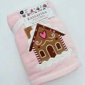Kassafina Christmas Gingerbread House Embroidered Hand Towels Set of 2 Pink