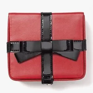 KATE SPADE GIFT/CANDY BOX LEATHER JEWELRY BOX IN RED CURRANT BLACK BOW NEW