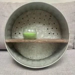 KATHY Farmhouse Rustic Round Gray Metal Wall Wooden Shelf Country Core #0725259