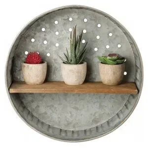 KATHY Farmhouse Rustic Round Gray Metal Wall Wooden Shelf Country Core #0725259