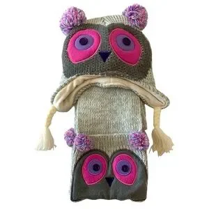Kids Knit Owl Hat With Matching Pocket Scarf One Size