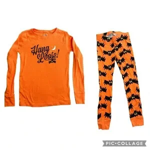 Kids Old Navy Halloween Orange Black Pajama Set Bats Moon Size 8