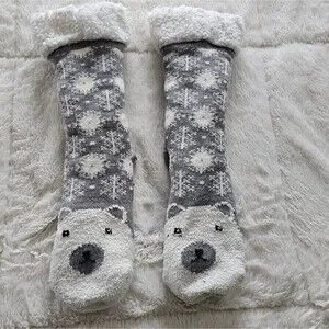 Kids Polar Bear Fleece Lined Socks Grey And White No-slip Bottoms