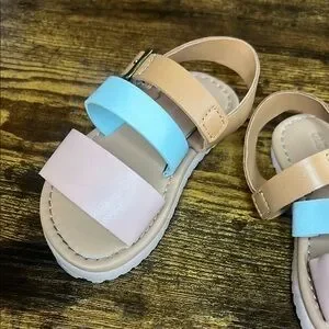 Kids Sandals With Adjustable Straps - Tan Blue And Pink