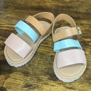 Kids Sandals With Adjustable Straps - Tan Blue And Pink