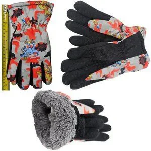 Kids Winter Gloves Boys Girls Ski Glove Faux Fur Lined Dinosaur Designs Gray