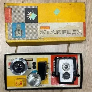 Kodak Brownie Vintage Starflex Black and Silver Camera Set