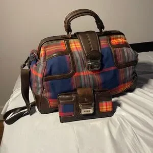 L.A.M.B. Tartan Plaid Red & Blue Crossbody Bag Duffel Bag with Matching Wallet