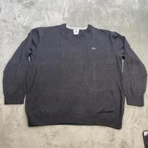 Lacoste V-Neck Sweater Pullover Classic Fit Gray Casual Mens 7 XL