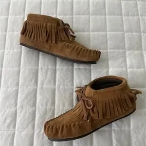 LAMO Youth 1Y Moccasin Ankle Boots Brown Suede Fringe Comfort Bohemian