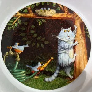 Lang "C Is For Cat" Second Thoughts Cat Food Bowl 2005 Unused Ceramic Humor