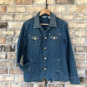 Laura Ashley Women’s Stretchy Cotton Blue Studded Rhinestone Denim Jean Jacket M