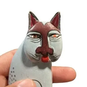 Laurel Burch Wood Painted Cat Figurine Figure Blue Spotted 4" Decor EUC