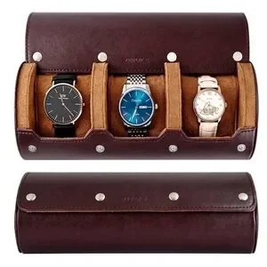 Leforz Watch Travel Case Roll Removable Pillows Display Portable Brown Leather