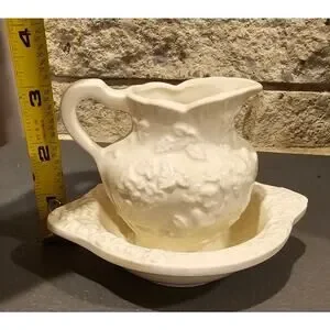 Lefton Japan Ceramic Cherub Cupid White Mini Bowl Pitcher Creamer Set 5” Vintage