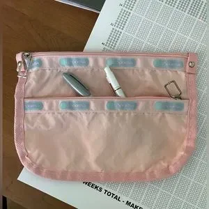 LeSportsac Make-up / Pencil Bag. Vintage Pink With Blue Logo