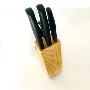 Light Tan Brown Wooden Knife Block Black Plastic Handle Steel Knives Set Kitchen