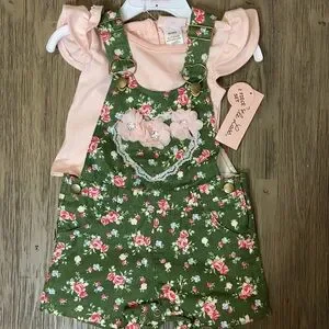 Little Lass Green and Pink Shortall Outfit NWT