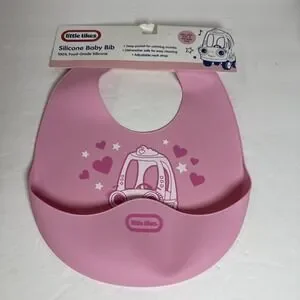 LITTLE TIKES Pink Silicone BABY BIB Deep Pocket & Adjust. Food Grade NEW