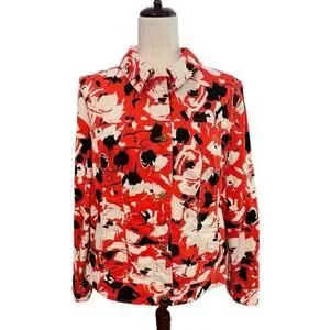 Liz Claiborne NY Floral Print Denim Jacket Pockets Red/Black/White size 16 Liz Claiborne NY Floral Print Denim Jacket Pockets Red/Black/White size 16