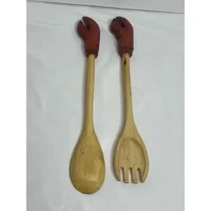 Lobster Claw Wood Salad Servers Fork & Spoon Hand Carved Hand Painted