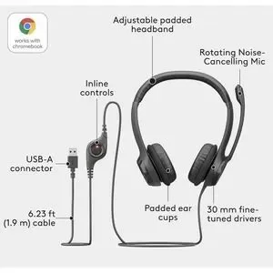 Logitech H390 Wired USB-A On-Ear Stereo Headphones W/Noise Canceling Mic NEW NIB