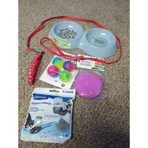Lot of 5 Cat Supplies New or Like New - Dish Collar Leash Ball Toys Can Lids
