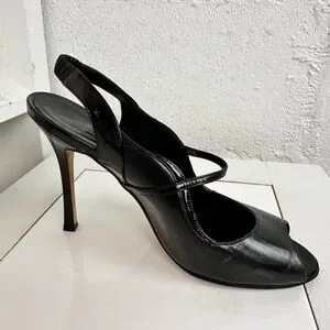 Manolo Blahnik Black Leather Printed Slingback Peep Toe Pumps – Size 36.5