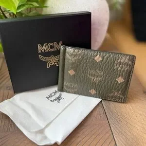 MCM Green Leather Visetos Bifold with Money Clip