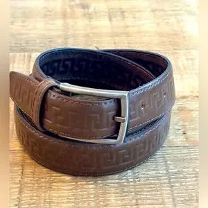 Meander Leather Belt W/ Embossed Textured Pattern. Medium Brown. 45.5” L