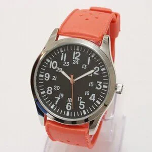 Men's Quartz Field Watch Silver Case Orange Tropical Rubber Strap 42mm