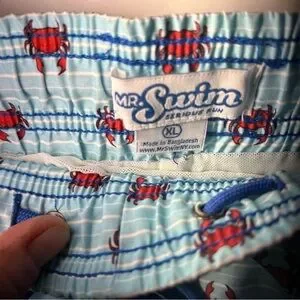 Mens Mr. Swim Crab Print Swim Shorts Turquoise Red Drawstring Pockets XL