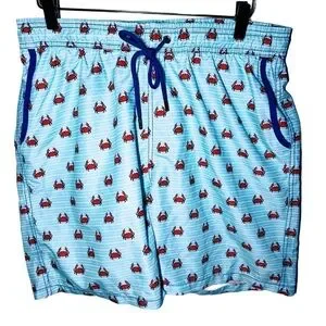 Mens Mr. Swim Crab Print Swim Shorts Turquoise Red Drawstring Pockets XL