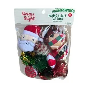 Merry & Bright Ball Cat Toy Variety Pack 10 Count Plush Crinkle Bell Christmas