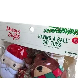 Merry & Bright Ball Cat Toy Variety Pack 10 Count Plush Crinkle Bell Christmas