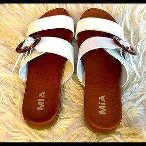 Mia White Slide On Sandals With Brown Buckle