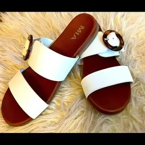 Mia White Slide On Sandals With Brown Buckle