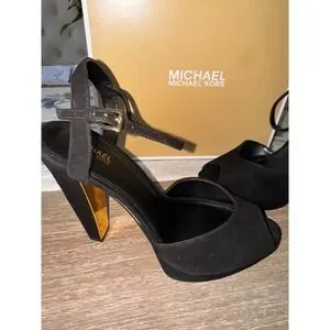 Michael Kors Claire Black Suede Peep Toe Platform Gold Heel Sandals 7M