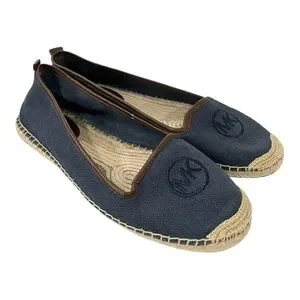 Michael Kors Keli Espadrille Womens SZ 8M Navy Blue Brown and Tan Trim Flat Shoe