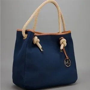 Michael Kors Marina Blue And Tan Tote With Gold Accents & Nautical Flair