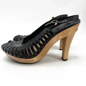 Michael Kors Sling Back Open Toe Leather Wooden Heel Sandals Size 6.5
