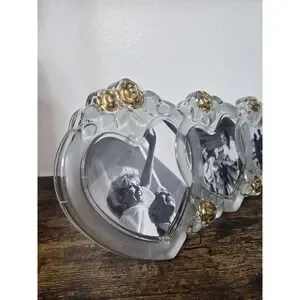 MIKASA Germany Triple Photo Frame Cystal Frost Gold Floral