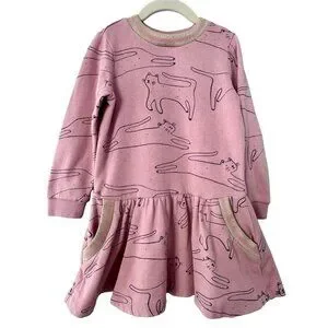 MINI BODEN Cats Cozy Dress Girls 6-7 Pink & Gold Cat Winter Fleece Pockets Girl