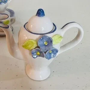 Miniature Porcelain Doll House Tea Set Blue And White Floral With Tray 10 Pieces